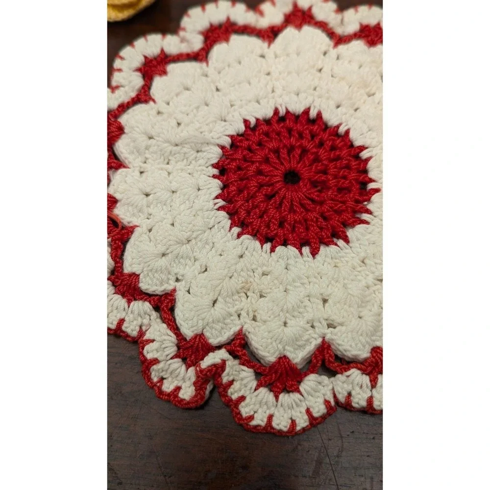 Vintage Handmade Crochet Potholders Lot of 4 Dress Flower Blue Red Yellow Retro